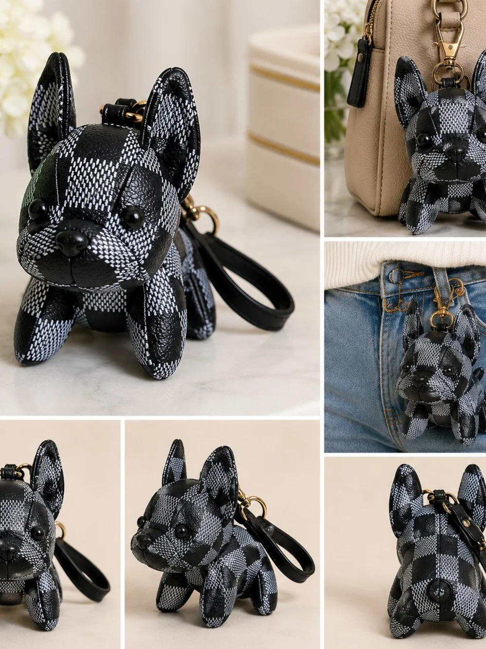 Black & White Plaid French Bulldog Bag Charm 🐾